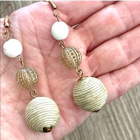 Long neutral toned beaded ball earrings - Picture 1 of 9